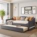 Teddy Fleece Sofa Bed Upholstered Daybed, Pull-out Trundle Guest Bed with Both Sides Stripes Light Strip Frame Panel Slat Bed