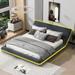 Soft Leather Sloped Sleigh Bed Wave-like Lighting Strip Bed Frame Low-Profile Grounded Slatted Base Bed Upholstered Regular Bed