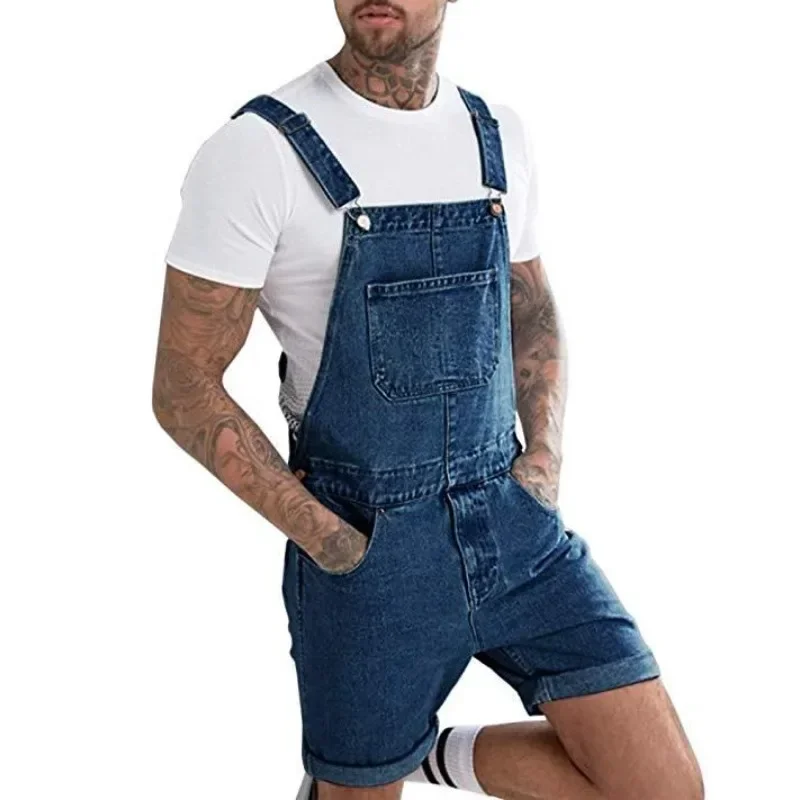 Wepbel Einteilige Arbeits-Latzhose, Denim, Retro-Jeans, Overall, Sommer-Herren-Denim mit Loch, Shorts, Hosenträger-Shorts, Jeans Image