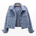 Veste en Jean Jacquard Bleu Vintage pour Femme Manteau Slim Court Cowboy Grande Poche Coréen