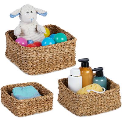 Relaxdays - Aufbewahrungskorb, 3er Set, Seegras, 3 Größen, geflochten, Badezimmer, Deko, eckige Image