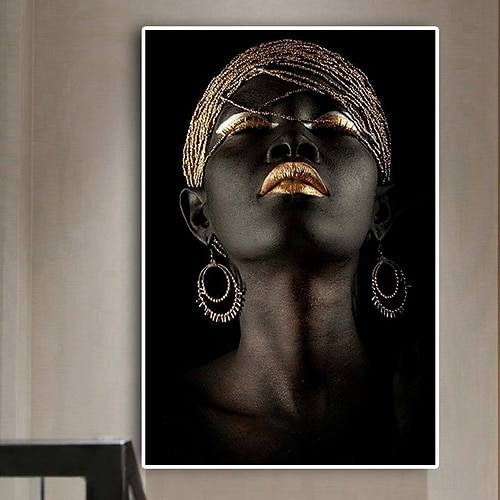 Wandkunst auf Leinwand Poster Malerei Kunstwerk Bild Afroamerikaner Gold Ohrringe Halskette schwarz hübsches Mädchen Heimdekoration Dekor gerollte Leinwand kein Rahmen ungerahmt ungedehnt Image