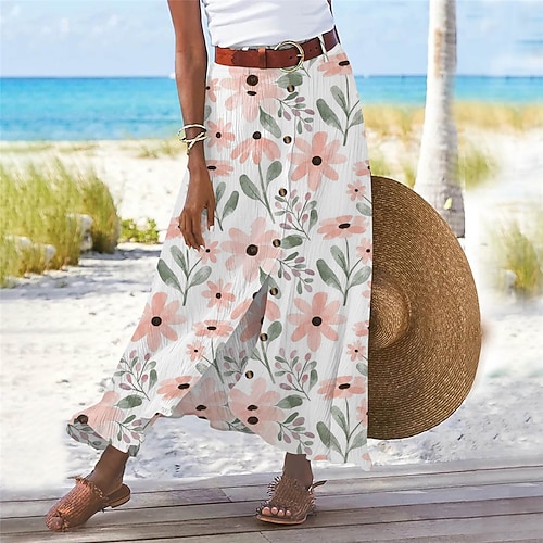 Damen Mode Lässig Maxi Hohe Taille Röcke Blumen Druck Gespleißte Enden Alltagstauglich Blau Hellrosa Gelb Rosa Sommer Baumwolle und Leinen Image