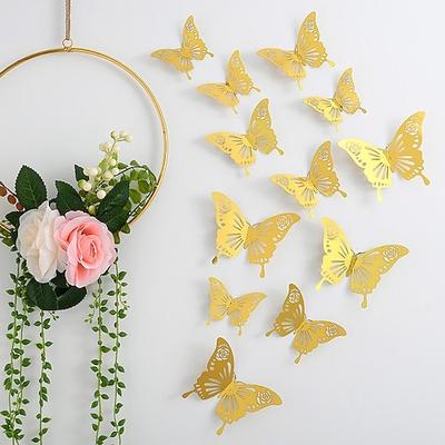 12 goldene Schmetterlingsdekorationen – 3D-Wandkunst für Partys, Bastelarbeiten und Babypartys – einfach anzubringende Aufkleber für eine schöne und elegante Dekoration. Image
