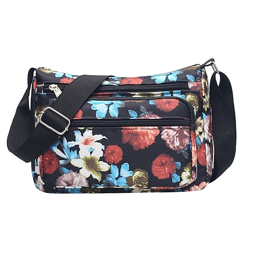 Umhängetasche für Damen mit Blumenmuster, leichte, wasserdichte Nylon-Handtasche mit mehreren Reißverschlusstaschen, lässige Reisehandtasche für den täglichen Gebrauch und den Urlaub