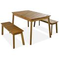 RONSHIN 3 Pieces Acacia Wood Table Bench Dining Set Patio Furniture Dining Table with 2 Benches Outdoor Lounge Furniture for Backyard Patio Garden