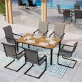 durable 7 PCS Patio Furniture Set with 1 Hand Painting Wood-Like Table and 6 Padded Sling Chair for Backyard