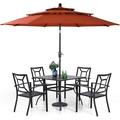 durable VILLA 7 Piece Outdoor Dining Set with Umbrella for 6 60\u201D Rectangular Metal Dining Table & 6 Stackable Metal Chairs & 13ft Large Beige Umbrella for Outdoor Deck Yar