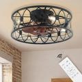 NANYUN Caged Ceiling Fan 18 in Low Profile Farmhouse Ceiling Fan with Light Enclosed Ceiling Fan for Indoor and Outdoor Black Flush Mount Industrial Ceiling Fan Light (4 Bulb Included)