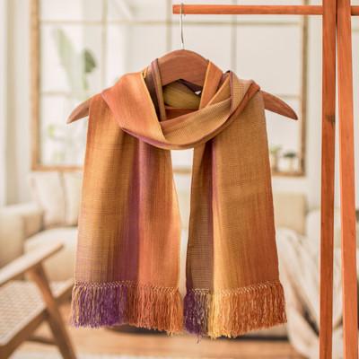 Iridescent Sunset,'Handwoven Orange and Purple Bamboo Rayon Fringed Scarf'