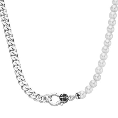 Collier "Panzerkette, schwarzer Achat oder Perle, Silber 925", weiß, GIORGIO MARTELLO MILANO, Halsketten, Herren, 55cm, Silber 925 (Sterlingsilber) Image