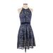 Kate Kasin Cocktail Dress - Fit & Flare Halter Sleeveless: Blue Brocade Dresses - Women's Size Small