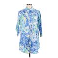 Lauren by Ralph Lauren 3/4 Sleeve Button Down Shirt: Blue Baroque Print Tops - Women's Size Medium