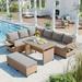 5 Piece Outdoor Patio Rattan Sofa Set, PE Wicker Sofa with 2 Extendable Side Tables, Dining Table and Washable Covers
