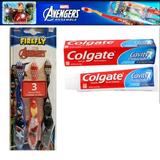 Firefly Avengers Toothbrush Pack DNF2 (3) Toothpaste Kit Features Avenger Characters Iron Man Captain America Black Panther Travel Dental Set for Kids.