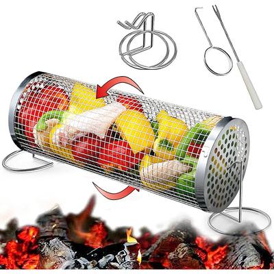 Rolling Grill Basket with Fixed Base Rotatable BBQ Vegetable Grill Basket Stainless Steel BBQ Grilling Mesh Basket for Outdoor Grill Fish Veggies Shrimp Rotisserie Fries Camping Portable BBQ