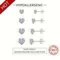 Sterling 925 Silver Hypoallergenic Ear Jewelry Heart Shape Shiny Zircon Design Stud Earrings Elegant Simple Style Trendy Female Gift