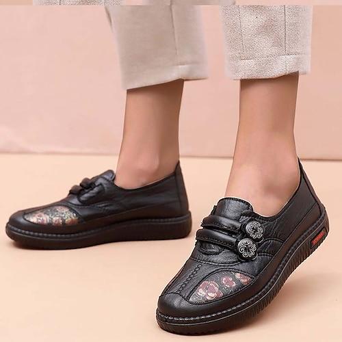 Damen Slip-Ons Komfort Schuhe Täglich Gehen Feste Farbe Blumen Sommer Blume Flacher Absatz Runde Zehe Vintage Modisch Brautkleider schlicht Kunstleder Halbschuhe Schwarz Rote