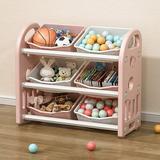 Zateety Kids Toy Storage Organizer with 6 Bins Multi-functional Nursery Organizer Kids Furniture Set Toy Storage Cabinet Unit with HDPE Shelf and Bins for Playroom Bedroom Living Room (pink color)