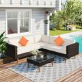 4 Pieces L-shape Outdoor Patio Furniture Set Outdoor Sectional Rattan Sofa Set Manual Wicker Patio Conversation Set with Pillows and Brown Rattan for Yard Deck Porch(Beige)