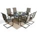 simple 7 Pieces Steel Frame Patio Dining Set Outdoor All Weather Furniture Set with 6 High Back Cotton-Padded Dining Chairs and Rectangular Wood-Like Dining Table