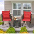 3 Piece Patio Set 2 Rattan Wicker Chairs with Tempered Glass Table for Porch Backyard Garden Dark Gray&Red