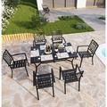 simple VILLA Patio Dining Set 7 Piece 6 Person Outdoor Table and Chairs with 6 Bistro Chair & 60 x 38 Rectangular Large Metal Dining Table(1.57 Umbrella Hole)