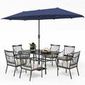 simple VILLA 5 Piece Outdoor Dining Set with 10ft Umbrella 37 Square Metal Dining Table & 4 Cushioned Metal Chairs & 3-Tier Beige Umbrella for Patio Deck Yard Porch