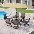 simple VILLA Patio Dining Set with Umbrella for 6 Person 1 Large Rectangular Woode-Like Top Table & 6 Swivel Patio Dining Chairs Set with 13ft Outdoor Market Umbrella(No Base) Beige