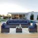 simple Outdoor Patio Furniture Set 6 Pieces Sectional Rattan Sofa Set Brown PE Rattan Wicker Patio Conversation Set with 5 Navy Blue Seat Cushions and 1 Tempered Glass Table