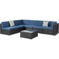 simple 7 Pieces Outdoor Patio Sectional Sofa Couch Black PE Wicker Furniture Conversation Sets with Washable Cushions & Glass Coffee Table for Garden Poolside Backyard (Aegean Blue