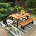 durable & William 6 Pieces Patio Dining Set for 6 4 PE Rattan Chairs and 1 Rectangular Acacia Wood Table and 1 Bench Outside Table and Chairs with Cushions Outdoor Furniture for De