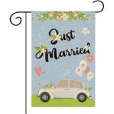 YCHII Just Married Garden Flag Vertical Double Sided Wedding / Engagement / Bridal Shower Party Decoration Yard Sign Welcome to Our Wedding Decor Banner for Home Outdoor Yard Lawn