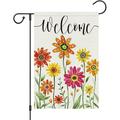 Welcome Spring Summer Flowers Garden Flag 12x18 Double Sided Burlap Small Sunflower Daisy Flower Garden Yard House Flags Outside Outdoor Seasonal Porch Lawn Decoration (ONLY FLAG)