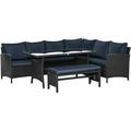 simple 4 Pieces Patio Wicker Dining Sets Outdoor PE Rattan Sectional Conversation Set with Cushions & Dining Table Bench for Garden Backyard Lawn Navy Blue