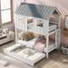 Twin over Twin House Bunk Bed with Trundle Bed, Roof and Windows, Suitable for Kids, White