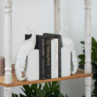 White Resin Textured Peacock Decorative Bookends with Tall Block Bases (Set of 2)