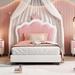 Twin size Upholstered Princess Bed With Crown Headboard,Twin Size Platform Bed with Headboard and Footboard, White+Pink