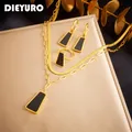 DIEYURO 316L Stainless Steel Geometric Black Necklace Earrings Ring For Women Girl New Party Gift