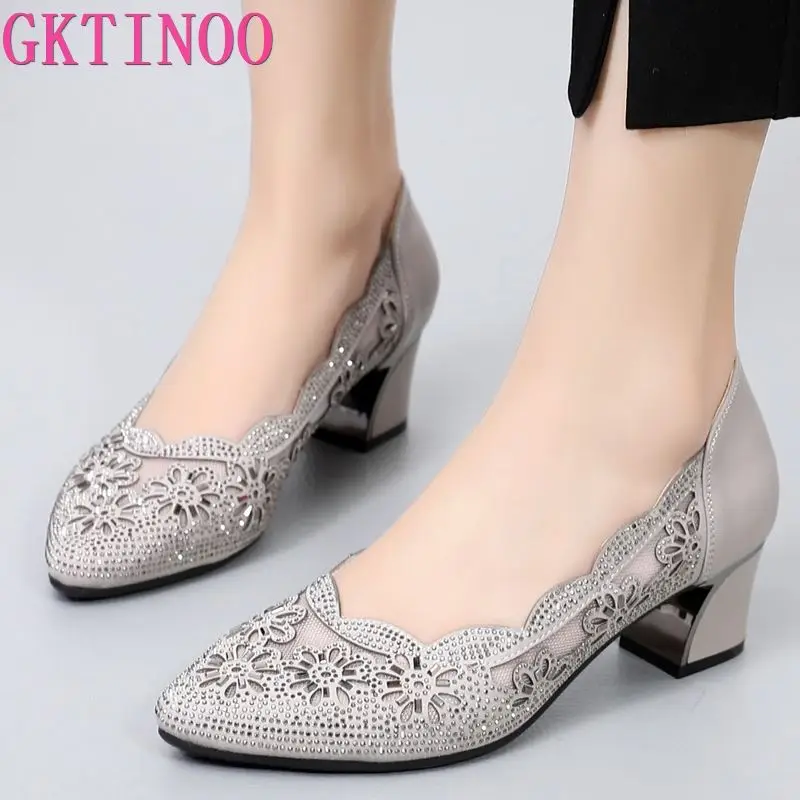GKTINOO 2025 Summer Fashion Hollow Out Genuine Leather Pumps Women Shoes Med Heels Square Heel Mesh Ladies Office Shoes Crystal