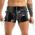 Patent Leather Boxer Briefs Men's PVC Mirror Glossy Underwear Zip Open Crotch Underpants Cross Strap