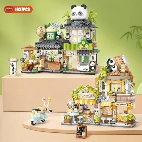 Mini City Street View Panda Restaurant Falt bausteine kleiner Bär Kaffeehaus Architektur spielzeug