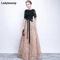 Ladybeauty-Robe de soirée longue en dentelle vintage noire ligne A manches mi-longues perles