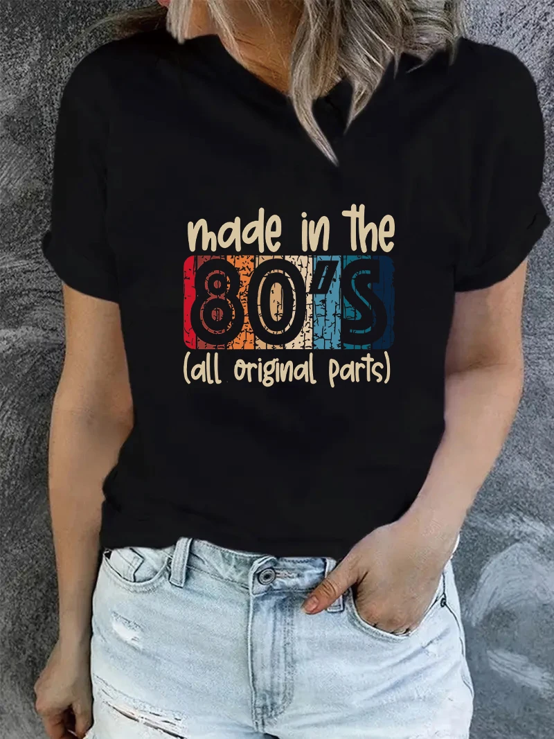 Alle Original-Komponenten-Buchstaben-bedruckten Vintage-T-Shirts, hergestellt in den 1980er Jahren. Damen-Rundhals-Tops im Original-Stil