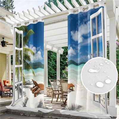 Outdoor Curtains Waterproof Windproof Weatherproof Curtain for Patio, Cabana, Porch, Pergola and Gazebo, Grommet Top Drape, 2 Panels Beach Palm