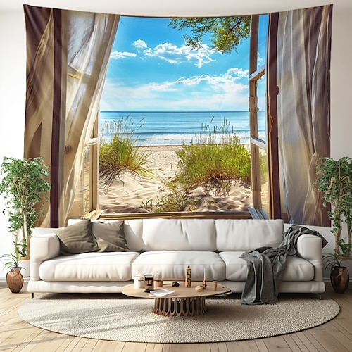 Fensteransicht Strand hängen Wandteppich Wandkunst große Wandteppich Wandbild Dekor Fotografie Hintergrund Decke Vorhang Haus Schlafzimmer Wohnzimmer Dekoration Ozean Sommer Wandtuch XXL Natur Image