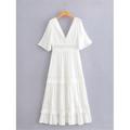 Damen Sommerkleid Boho Hochzeitsgastkleid Weißes Spitzen-Brautkleid Maxidress mit Hülse Urlaub Elegant V Ausschnitt Halbe Ärmel Weiß Farbe