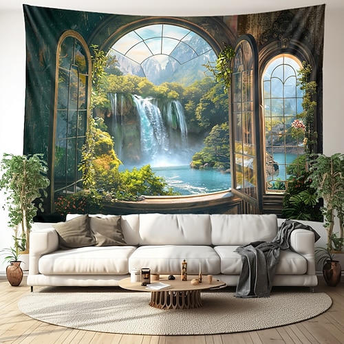 Wasserfall Fensteransicht hängen Wandteppich Wandkunst großer Wandteppich Wandbild Dekor Fotografie Hintergrund Decke Vorhang Haus Schlafzimmer Wohnzimmer Dekoration Cottagecore Wandtuch XXL Natur Image