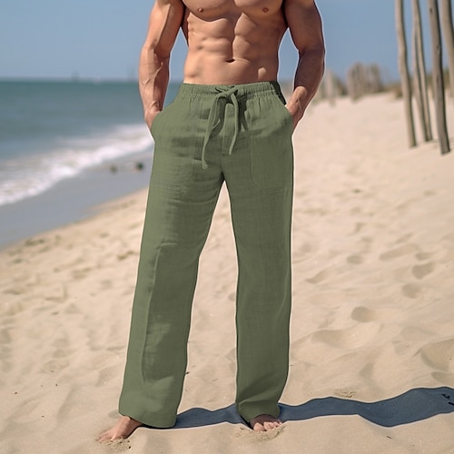 Herren Hose Sommerhose Strandhose Kordelzug Elastischer Bund Gerader Schnitt Einfach Komfort Atmungsaktiv Lässig Täglich Ferien Mode Klassicher Stil Schwarz Weiß Image
