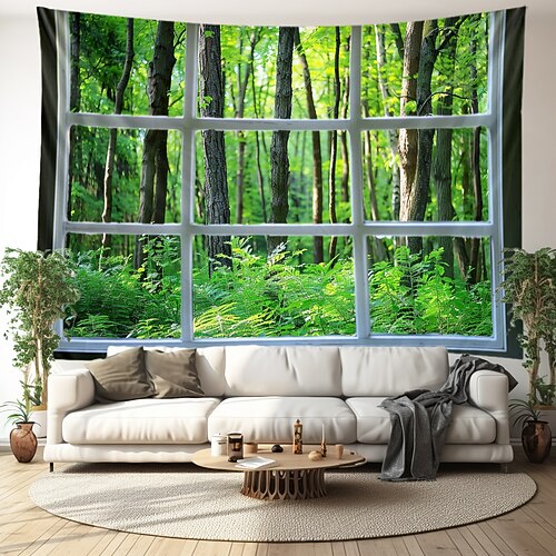 Fenster Waldblick Wandteppich Wanddekoration großer Wandteppich Wandbild Dekor Fotografie Hintergrund Decke Vorhang Home Schlafzimmer Wohnzimmer Dekoration Wandtuch XXL Natur Image